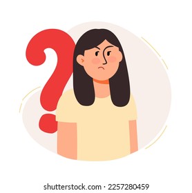 The woman is confused and thinking. The concept of a business idea, startup, organization, brainstorming. Vector illustration isolated on a white background