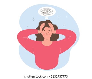 Woman with confused thoughts, holding her head with both hands. She is in indecision, questions, uncertainty.