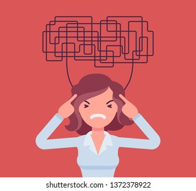 Woman with confused thoughts unable to think clearly for decision. Complicated and chaotic ideas in disorder, manager perplexed with many difficult tasks, head full of problems. Vector illustration