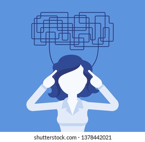 Woman with confused thoughts unable to think clearly for decision. Complicated, chaotic ideas in disorder, manager perplexed with tasks, head full of problems. Vector illustration, faceless character