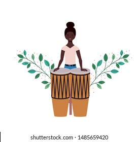woman with congas and branches and leaves in the background