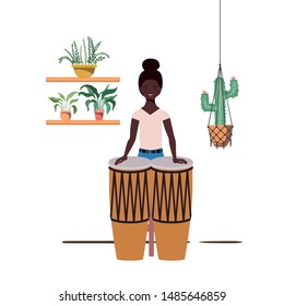 woman with congas and houseplants on macrame hangers of background
