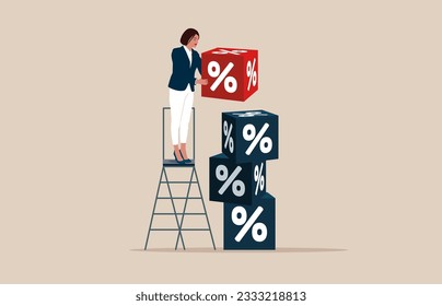 Woman connect red and white cube with percentage symbol. Interest, financial and mortgage rates. Flat vector illustration