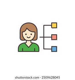 Woman connected to flow chart. A simple line drawing of a woman connected to a flow chart, representing a task or process.