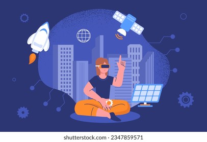 Woman with connected world concept. Young girl in vr glasses near satellite and rocket. Modern city, infrastructure and architecture. Wifi and internet, metaverse. Cartoon flat vector illustration