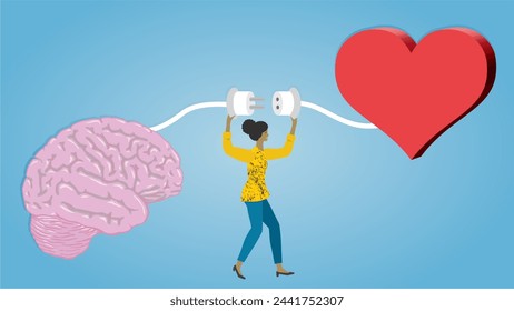 Woman connecting brain and heart. Dimension 16:9. Vector illustration.