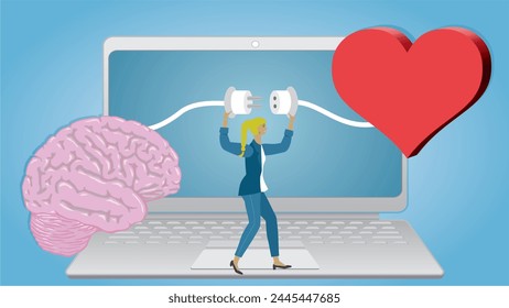 Woman connecting brain with heart, standing on laptop. Dimension 16:9. Vector illustration.