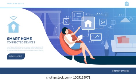 Woman connecting with her smart home device tablet and managing her automated house, iot concept