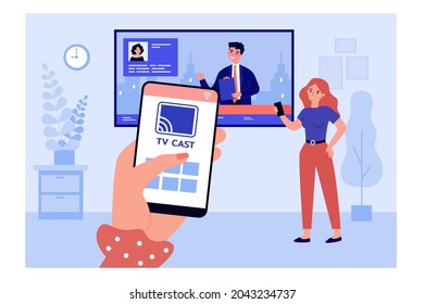 Woman connecting smartphone to television and watching news. Mobile app for casting to TV flat vector illustration. Technology, entertainment concept for banner, website design or landing web page