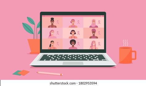 woman connecting together via video conference on laptop computer for breast cancer awareness month concept, flat vector illustration