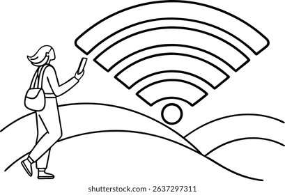 Woman connecting to wifi using smartphone vector illustration conceptual design modern technology