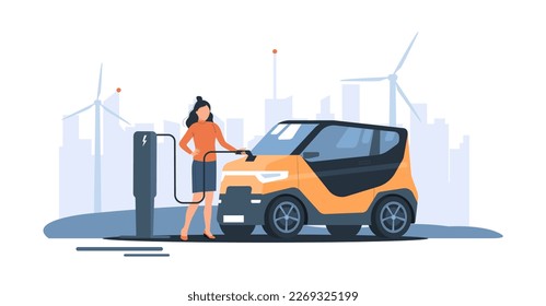 A woman connects her compact electric car to the charger. Vector illustration.