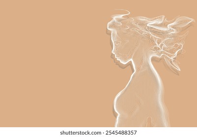 La mujer consiste en líneas fluidas blancas, ilustración Aéreas, imagen de abstracción, fondo beige