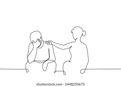 woman consoles an upset man sitting next to her - one line art vector. concept woman put hand on the shoulder of a man who covered his eyes with his hand and sits next to her. Hand made vector not AI