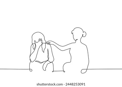 woman consoles an upset woman sitting next to her - one line art vector. concept woman put hand on the shoulder of a woman who covered eyes with his hand and sits next to her. Hand made vector not AI