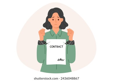 Woman is constrained by strict contract prohibiting disclosure of information or change in field of activity. Girl with contract instead of handcuffs regrets that she signed nda agreement