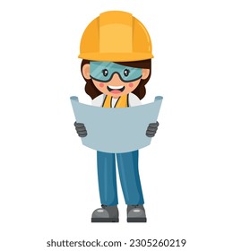 Woman construction engineer, woman architect supervises the construction plans of the work. Industrial worker with her personal protective equipment. Industrial safety and occupational health at work