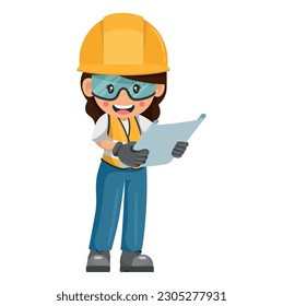 Woman construction engineer, woman architect supervises the construction plans of the work. Industrial worker with her personal protective equipment. Industrial safety and occupational health at work