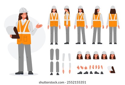 Ingeniero de construcción de mujer en casco, chaleco, uniforme. Constructor de personajes para animación. Conjunto de vista frontal, lateral y trasera. Partes del cuerpo, posturas, poses de colección. Ilustración vectorial.