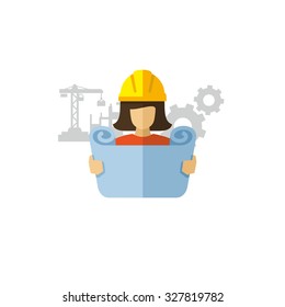 Woman Construction Engineer Reviewing Blueprint Vector Icon 