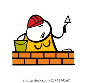 Woman in a construction helmet holds a tool and puts bricks on the wall. Vector illustration of a girl doing mens hard work. Isolated female cartoon character on white background.