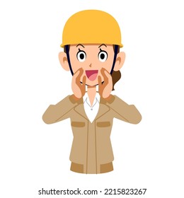 A woman in the construction industry wearing beige work clothes calling out loud