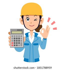 A woman at a construction site holding a calculator and giving an OK sign
