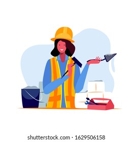 Woman Construction Worker Builder Handyman in Protective Vest, Helmet.Foreman Installer put a Cement and Build a Brick Wall.Female concept.Girl Technician Contractor, Teamwork.Flat Vector Illustration