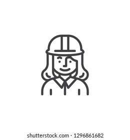 Woman Construction Worker Character Line Icon. Linear Style Sign For Mobile Concept And Web Design. Engineer Woman With Hard Hat Outline Vector Icon. Symbol, Logo Illustration. Pixel Perfect