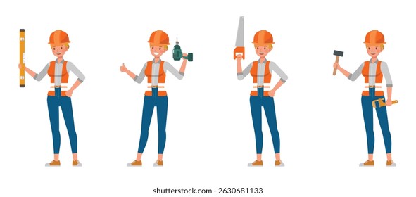 Woman construction worker character vector illustration design set.