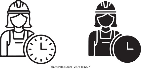 Woman construction worker with clock icon set