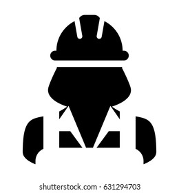 Woman Construction Worker Icon - Vector Person Profile Avatar With Hard hat Helmet and Jacket Glyph Pictogram Symbol illustration
