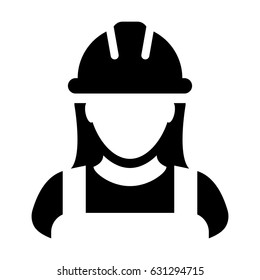 Woman Construction Worker Icon - Vector Person Profile Avatar With Hard Hat Helmet And Jacket Glyph Pictogram Symbol Illustration
