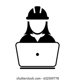 Woman Construction Worker Icon - Vector Person Profile Avatar With Laptop Computer and Hardhat Helmet Glyph Pictogram Symbol illustration
