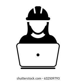 Woman Construction Worker Icon - Vector Person Profile Avatar With Laptop Computer and Hardhat Helmet Glyph Pictogram Symbol illustration