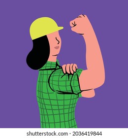 Woman as a construction worker, imitating a sign of women right. 
