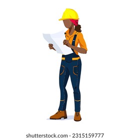 Woman construction worker reading a plan isolated on white background. Vector illustration