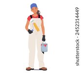 Woman Construction Worker Stands With Paint Bucket In Hand, Holding A Paint Roller, Ready For The Task Ahead. Female Repairman or Builder Character with Tools. Cartoon People Vector Illustration