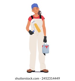 Eine Bauarbeiterin steht mit einem Farbeimer in der Hand und hält eine Farbwalze bereit für die vor ihr liegende Aufgabe. Weiblicher Reparateur oder Builder Charakter mit Werkzeugen. Cartoon Menschen Vektorillustration