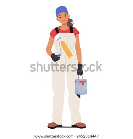 Woman Construction Worker Stands With Paint Bucket In Hand, Holding A Paint Roller, Ready For The Task Ahead. Female Repairman or Builder Character with Tools. Cartoon People Vector Illustration