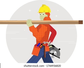 Woman construction worker at work, holding piece of wood and circular saw, wearing protective gear and worker belt.