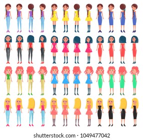 Woman constructor collection, girl wearing clothing of different types, dresses and pants, constructor of woman vector illustration isolated on white