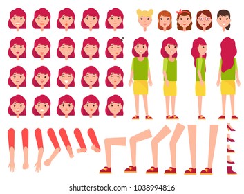 Woman constructor, set of female faces, body parts, front back side view character emotions vector. Positive and negative mood, energetic and tired