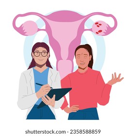 woman consult pcos uterus with gynecologist doctor in flat illustration