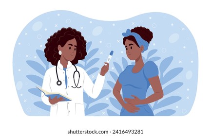 A woman at a consultation with a gynecologist. A pregnancy test with two lines in the hands of a doctor. A positive pregnancy test result. Child planning, motherhood.