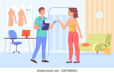 Woman consulting breast augmentation with surgeon. Implant surgeon and patient talking about plastic operation in clinic room flat vector illustration. Hospital, interior, mammoplasty, beauty concept