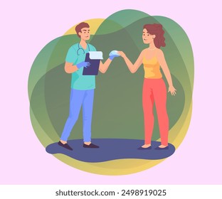 Woman consulting breast augmentation with surgeon. Implant surgeon and patient talking about plastic operation in clinic room flat vector illustration. Hospital, mammoplasty, beauty concept