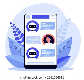 Woman consulting chatbot. Online chat for customer support with ai assistant. Vector illustration for artificial intelligence, internet conversation, robotic technology concept