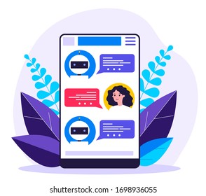 Woman consulting chatbot. Online chat for customer support with ai assistant. Vector illustration for artificial intelligence, internet conversation, robotic technology concept