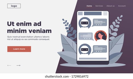 Woman consulting chatbot. Online chat for customer support with ai assistant. Vector illustration for artificial intelligence, internet conversation, robotic technology concept